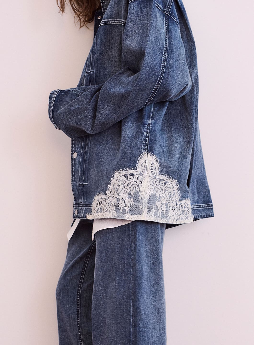 レースコンビデニムカバーオール