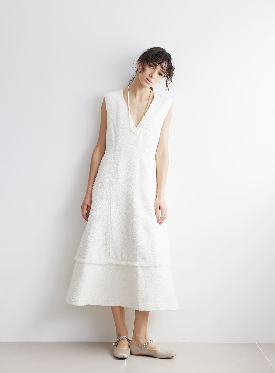 COEL Online StoreツイードVネックワンピース(36 オフホワイト): DRESSES